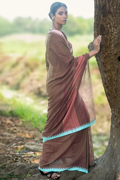 The ICH Bengal Weaves. Handwoven Soft Cotton Saree - Cocoa Breeze