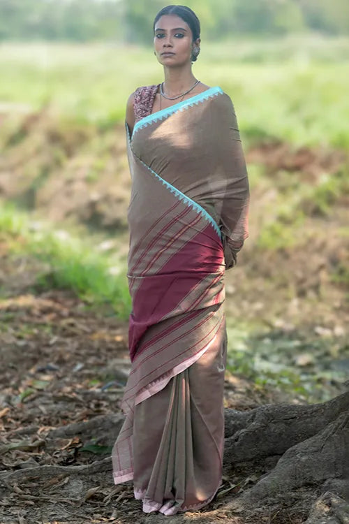 The ICH Bengal Weaves. Handwoven Soft Cotton Saree - Misty Taupe
