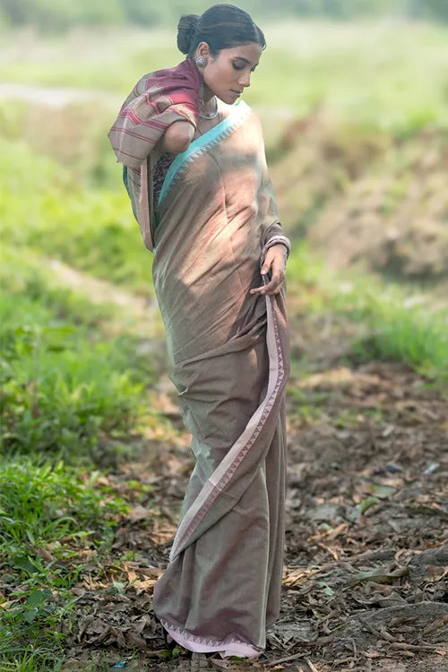 The ICH Bengal Weaves. Handwoven Soft Cotton Saree - Misty Taupe
