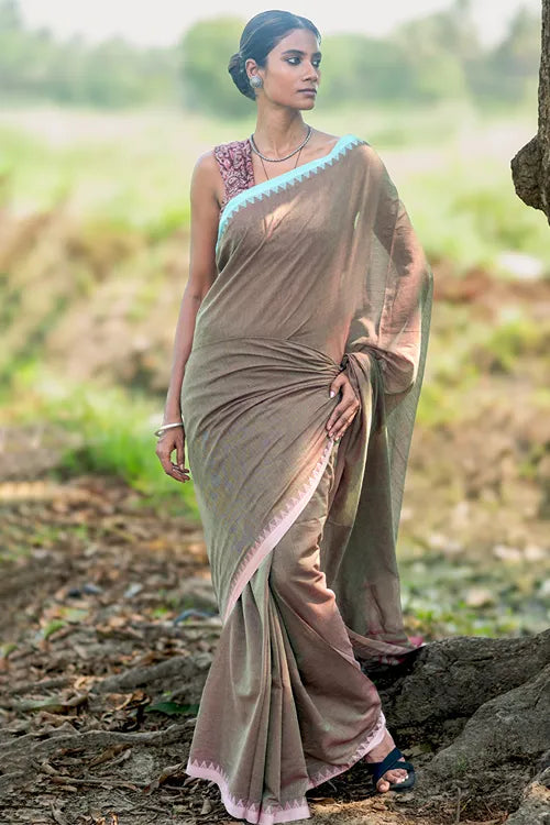 The ICH Bengal Weaves. Handwoven Soft Cotton Saree - Misty Taupe