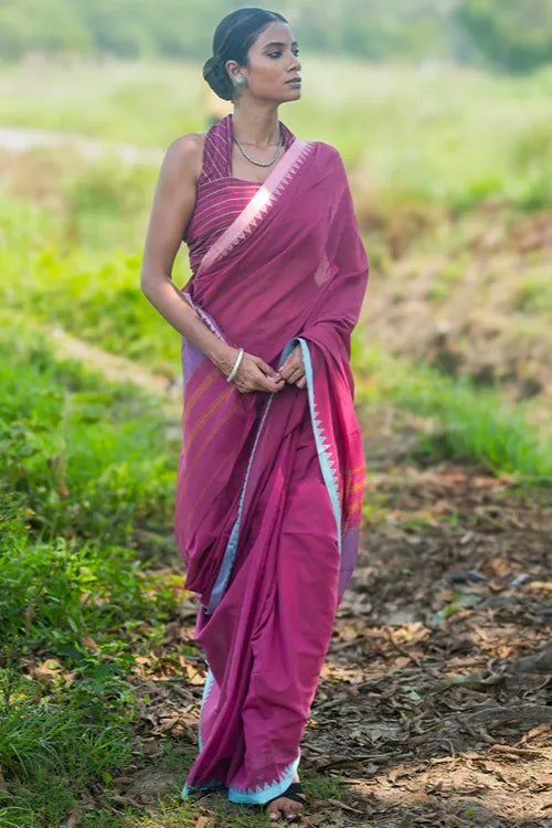 The ICH Bengal Weaves. Handwoven Soft Cotton Saree - Berry Bloom