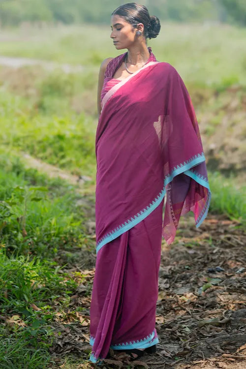 The ICH Bengal Weaves. Handwoven Soft Cotton Saree - Berry Bloom