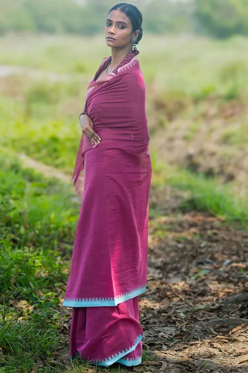 The ICH Bengal Weaves. Handwoven Soft Cotton Saree - Berry Bloom