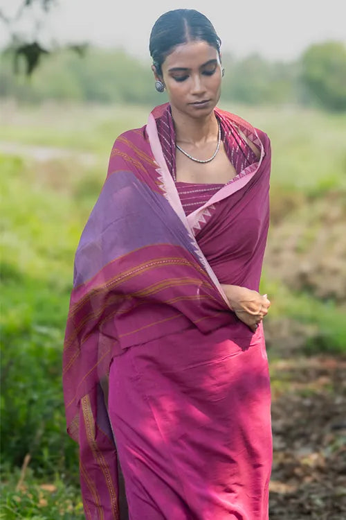 The ICH Bengal Weaves. Handwoven Soft Cotton Saree - Berry Bloom