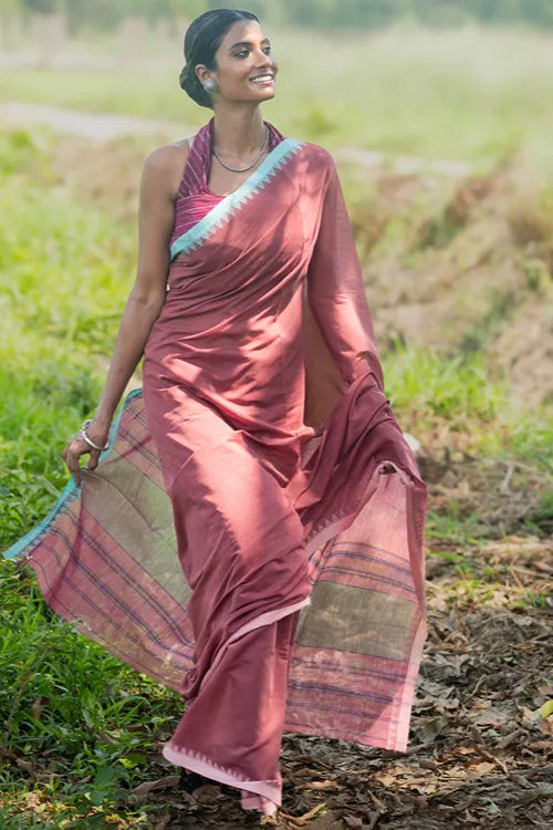 The ICH Bengal Weaves. Handwoven Soft Cotton Saree - Dusty Mocha
