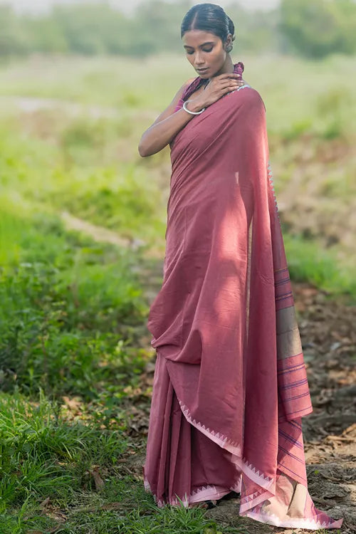 The ICH Bengal Weaves. Handwoven Soft Cotton Saree - Dusty Mocha