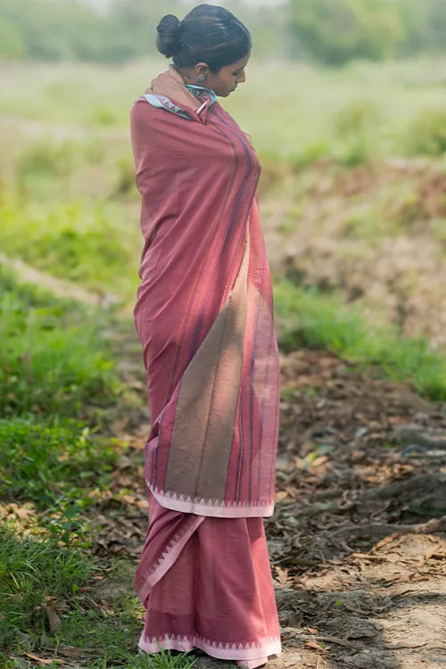 The ICH Bengal Weaves. Handwoven Soft Cotton Saree - Dusty Mocha