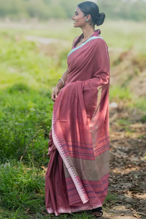 The ICH Bengal Weaves. Handwoven Soft Cotton Saree - Dusty Mocha