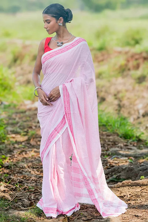 The ICH Bengal Weaves. Handwoven Soft Cotton Saree - Rose Grids