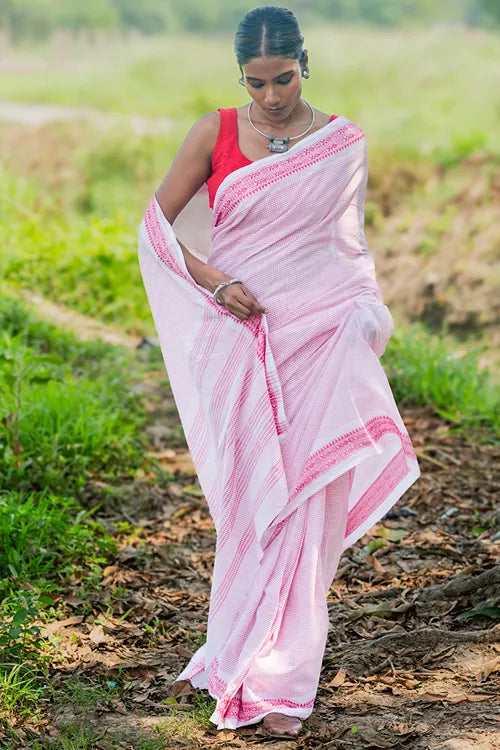 The ICH Bengal Weaves. Handwoven Soft Cotton Saree - Rose Grids