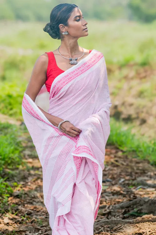 The ICH Bengal Weaves. Handwoven Soft Cotton Saree - Rose Grids