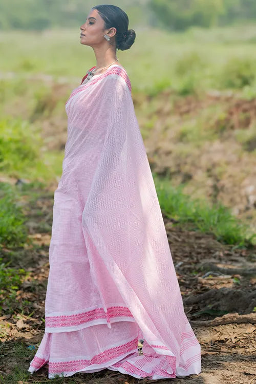 The ICH Bengal Weaves. Handwoven Soft Cotton Saree - Rose Grids