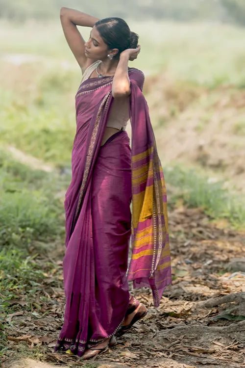 The ICH Bengal Weaves. Handwoven Soft Cotton Saree - Mulberry Borders