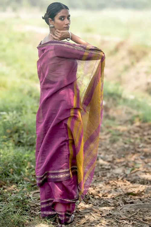 The ICH Bengal Weaves. Handwoven Soft Cotton Saree - Mulberry Borders