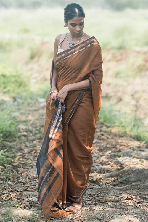 The ICH Bengal Weaves. Handwoven Soft Cotton Saree - Copper Dusk