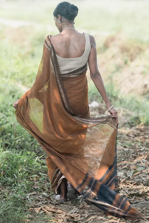 The ICH Bengal Weaves. Handwoven Soft Cotton Saree - Copper Dusk
