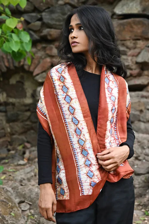The ICH Light & Soft. Handcrafted Silk Batik Scarf - Terracotta Sky