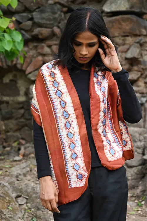 The ICH Light & Soft. Handcrafted Silk Batik Scarf - Terracotta Sky