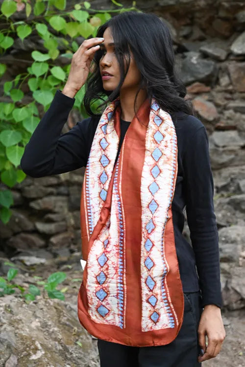 The ICH Light & Soft. Handcrafted Silk Batik Scarf - Terracotta Sky