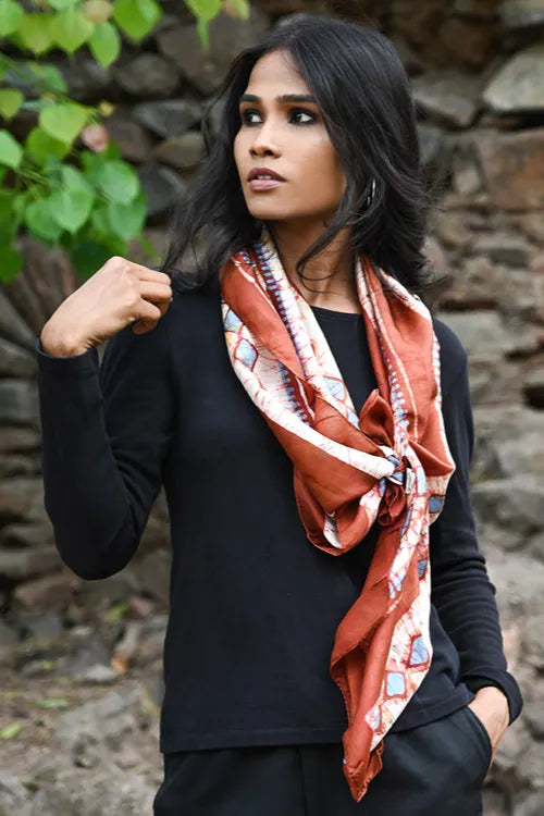 The ICH Light & Soft. Handcrafted Silk Batik Scarf - Terracotta Sky