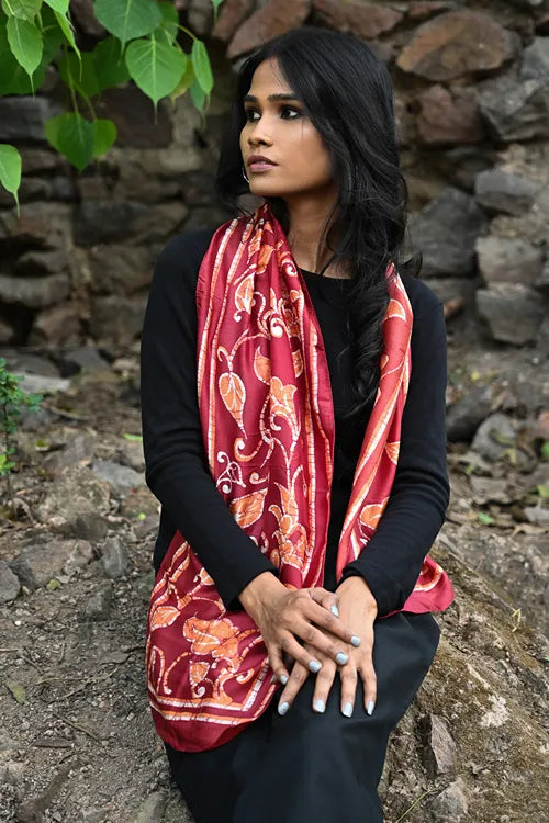 The ICH Light & Soft. Handcrafted Silk Batik Scarf - Crimson Vine