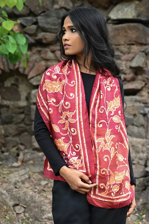 The ICH Light & Soft. Handcrafted Silk Batik Scarf - Crimson Vine