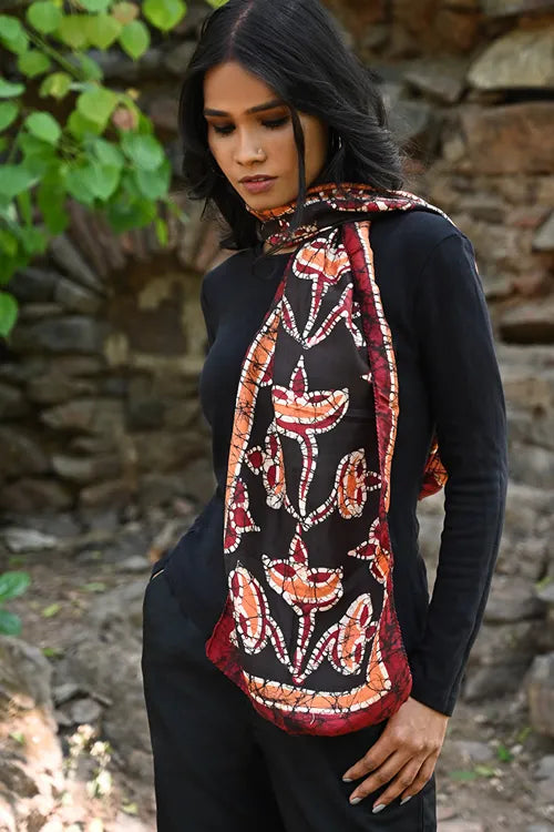 The ICH Light & Soft. Handcrafted Silk Batik Scarf - Ember Bloom