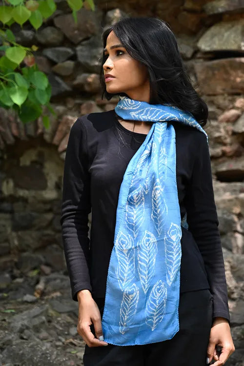 The ICH Light & Soft. Handcrafted Silk Batik Scarf - Blue Plume