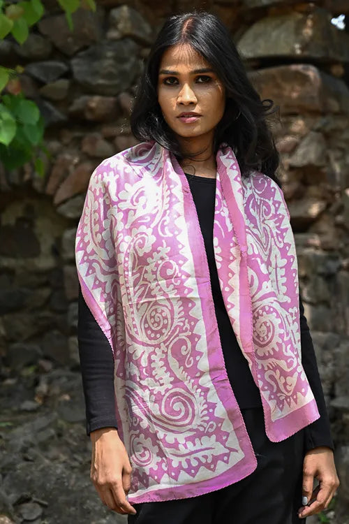The ICH Light & Soft. Handcrafted Silk Batik Scarf - Mauve Vines