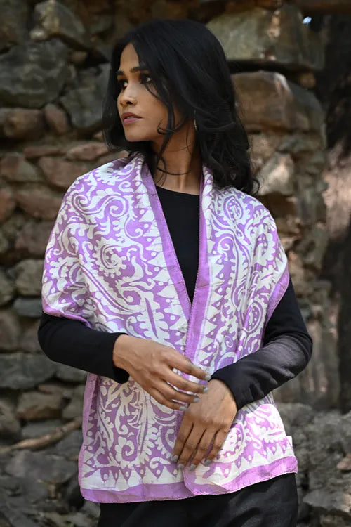 The ICH Light & Soft. Handcrafted Silk Batik Scarf - Lavender Vines