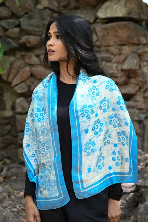 The ICH Light & Soft. Handcrafted Silk Batik Scarf - Azure Dew