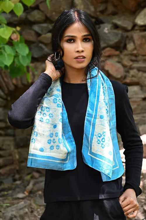The ICH Light & Soft. Handcrafted Silk Batik Scarf - Azure Dew
