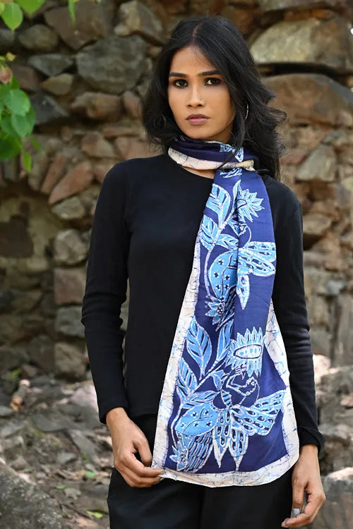 The ICH Light & Soft. Handcrafted Silk Batik Scarf - Indigo Grove