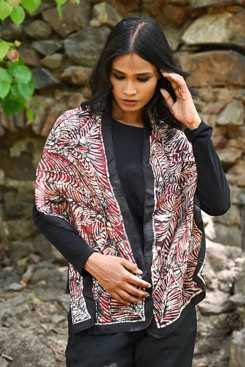 The ICH Light & Soft. Handcrafted Silk Batik Scarf - Crimson Canopy
