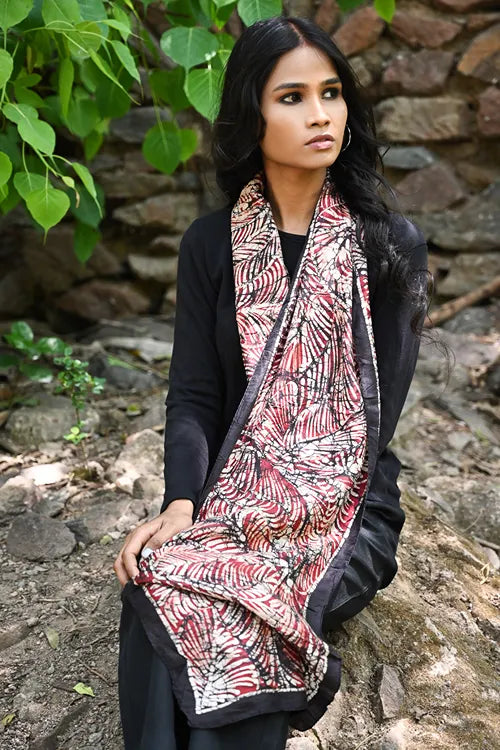 The ICH Light & Soft. Handcrafted Silk Batik Scarf - Crimson Canopy