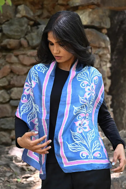 The ICH Light & Soft. Handcrafted Silk Batik Scarf - Bluebell Strands