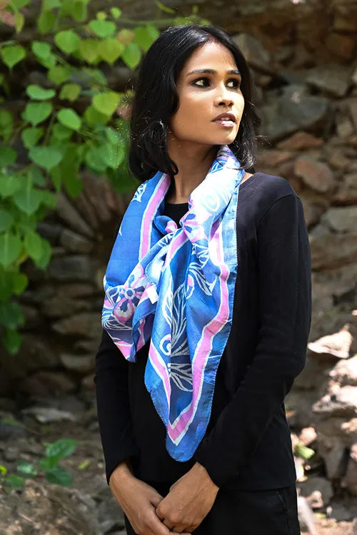 The ICH Light & Soft. Handcrafted Silk Batik Scarf - Bluebell Strands