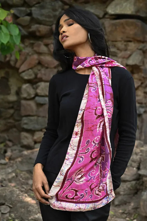 The ICH Light & Soft. Handcrafted Silk Batik Scarf - Fuchsia Whirl
