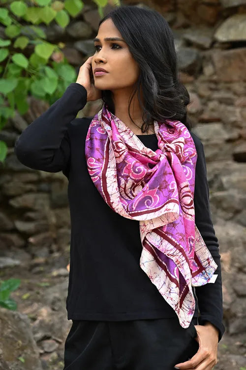 The ICH Light & Soft. Handcrafted Silk Batik Scarf - Fuchsia Whirl