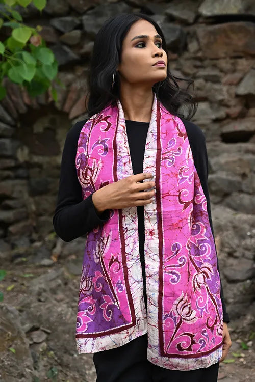 The ICH Light & Soft. Handcrafted Silk Batik Scarf - Fuchsia Whirl