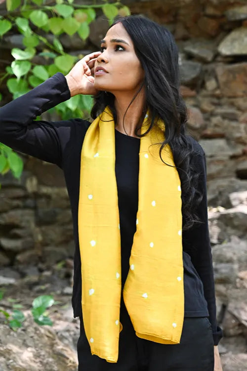The ICH Light & Soft. Handcrafted Silk Bandhej Scarf - Sunshine Dots
