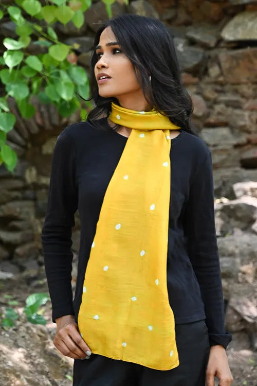 The ICH Light & Soft. Handcrafted Silk Bandhej Scarf - Sunshine Dots
