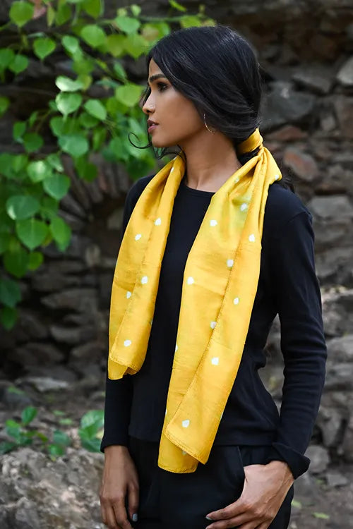 The ICH Light & Soft. Handcrafted Silk Bandhej Scarf - Sunshine Dots
