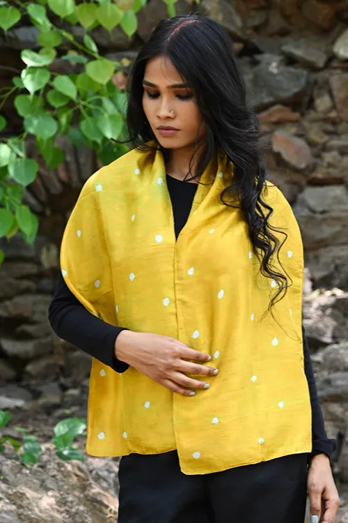 The ICH Light & Soft. Handcrafted Silk Bandhej Scarf - Sunshine Dots