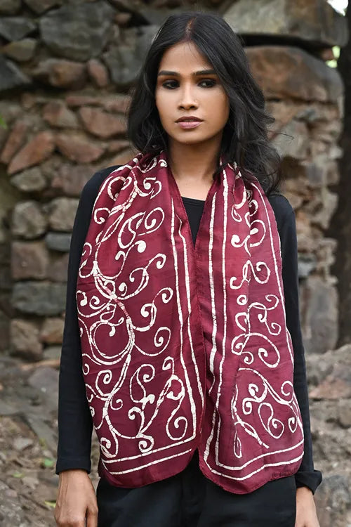 The ICH Light & Soft. Handcrafted Silk Batik Scarf - Whimsical Burgundy