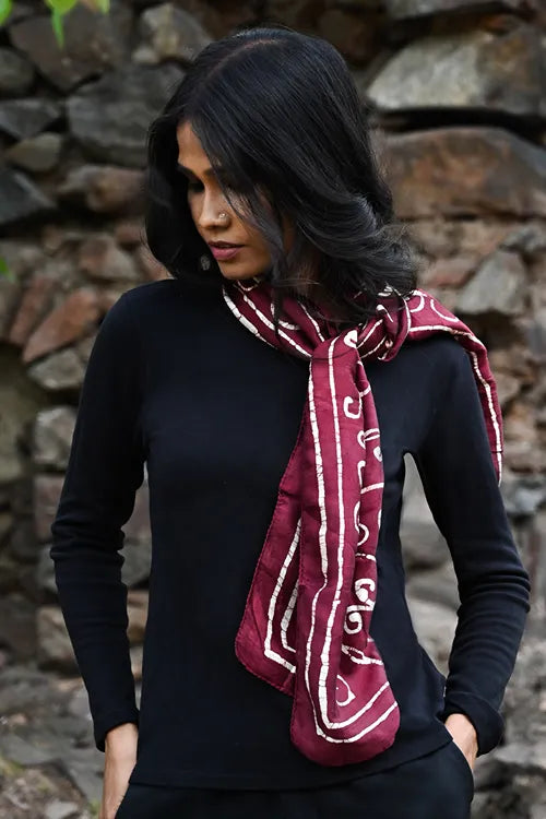 The ICH Light & Soft. Handcrafted Silk Batik Scarf - Whimsical Burgundy
