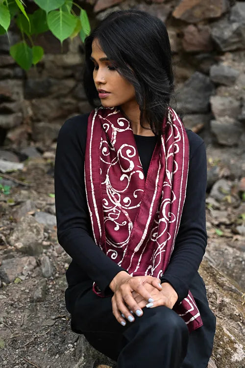 The ICH Light & Soft. Handcrafted Silk Batik Scarf - Whimsical Burgundy