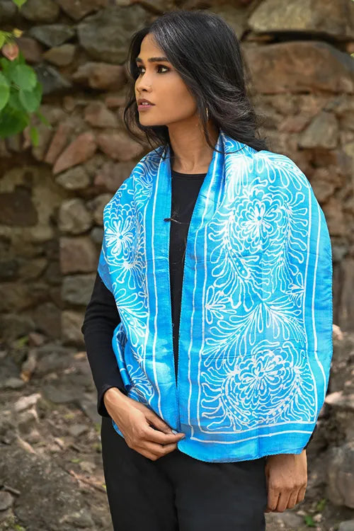 The ICH Light & Soft. Handcrafted Silk Batik Scarf - Sky Blooms