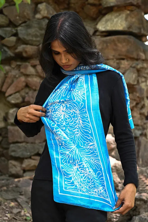 The ICH Light & Soft. Handcrafted Silk Batik Scarf - Sky Blooms