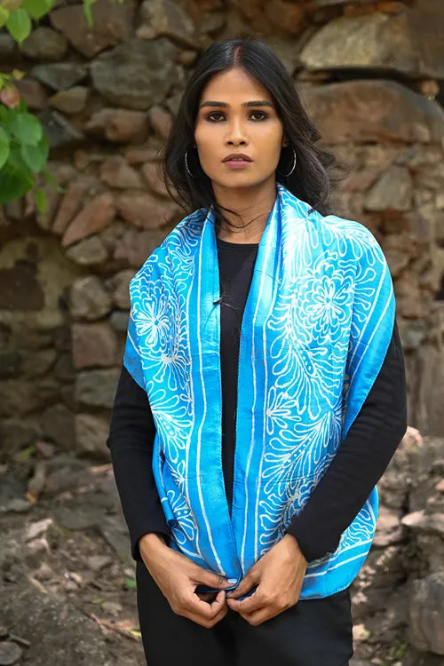 The ICH Light & Soft. Handcrafted Silk Batik Scarf - Sky Blooms